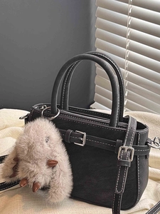 Women Vintage PU Leather Crossbody Bag Fashion Stitching Handbag With Rabbit Pendant Trendy Small Square Shoulder Bag For Ladies