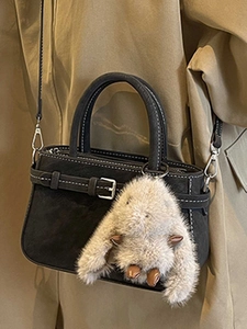 Retro grey crossbody handbag with contrast stitching and plush charm accessory