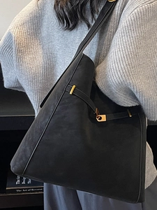 Minimalist black suede leather bucket bag with gold metal buckle and large capacity