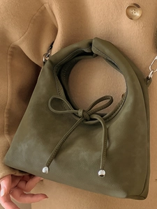 Moss green semi-circular handbag with bow and silver metal beads for women