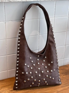 Vintage Studded Hobo Bag For Women PU Leather Solid Color Large Capacity Rivet Decorated Shoulder Bag Casual Tote Handbag