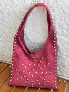 Retro rose red suede shoulder bag with metallic silver studs and large capacity