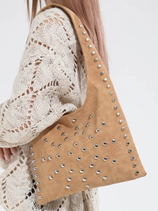 Vintage brown suede underarm bag with silver rivets and large capacity shoulder strap