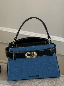 Retro Denim PU Leather Handbag For Women Vintage Stitching Crossbody Shoulder Bag With Metal Lock Handle Office Commuter Bag
