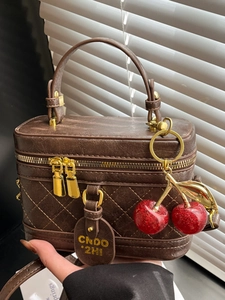 Women's Retro Quilted PU Leather Box Crossbody Bag With Cherry Pendant Rhombic Small Square Handbag Fashion Shoulder Bag