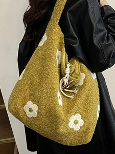 Floral embroidery mustard yellow plush tote bag with wooden toggle and drawstring closure