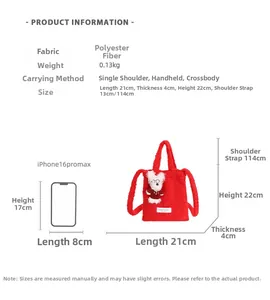 Size comparison of the red plush bear tote bag with an iPhone 16 Pro Max