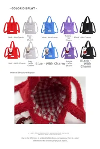Detail view of plush tote bags in multiple colors with grid lining and magnetic closure