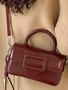 Vintage wine red leather square handbag with large buckle and silver metal strap hooks