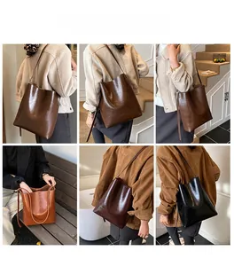 Collage of model wearing large leather tote bag in brown and black for commuting