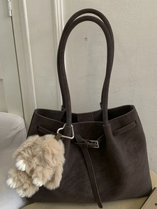 Women Retro Large Capacity PU Tote Bag Fashion Urban Minimalist Stitching Commuter Shoulder Handbag With Plush Rabbit Pendant