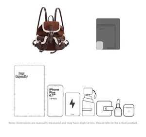 Detailed capacity view of a brown plush backpack showing it fits a large smartphone