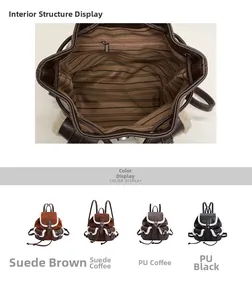 Detail view of plush tote backpack with striped lining and four-color material display