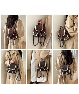 Detailed views of a vintage brown leather backpack with white plush faux fur trim detail