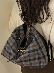 Retro vintage plaid shoulder bag with black leather straps and gold metal buckles