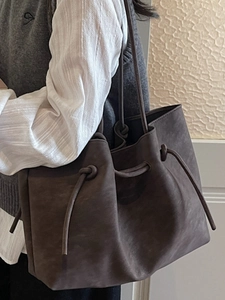 Minimalist large capacity dark brown tote bag with drawstring knots for women commuting