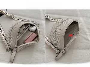 Vue de la capacité du sac croissant beige avec rangement pour portefeuille et écouteurs