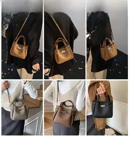 Detail view of retro bucket bags in four colors with iconic metal twist locks