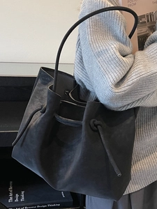 Minimalist black suede drawstring tote bag with vintage large capacity shoulder strap style
