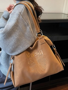 Large capacity khaki tote bag with floral embroidery and shoulder strap for women