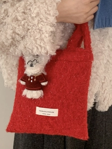 Winter fluffy red plush shoulder bag with a cute puppy pendant and silver threads