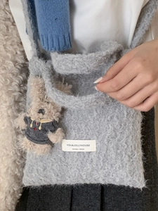 Winter plush shoulder tote bag in grey fleece with cute bear charm and white label