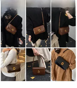 Detailed model views of elegant square leather handbag with gold arch buckle in multi-angle