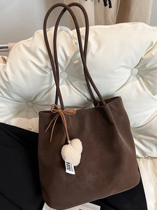 Minimalist coffee brown suede tote bag for women with white heart plush pendant accessory