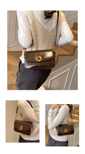 Detail of dark brown leather handbag with gold horseshoe buckle and chain shoulder strap