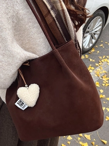 Vintage brown suede tote bag with heart charm for women, autumn street style shoulder bag