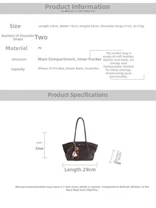 Size guide for large PU leather tote bag showing dimensions and internal storage capacity