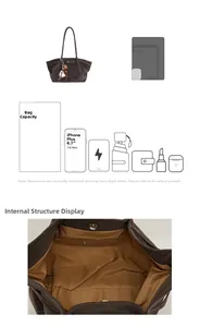 Detail view of large brown tote bag interior with zipper pocket and daily essentials