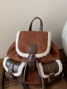 Women Retro PU Faux Leather Backpack With Faux Lamb Wool Trim Patchwork School Bag Winter Fashion Casual Small Backpack