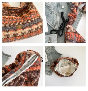 Details des handgefertigten Metalletiketts, der Stricktextur und des Innenfutters mit Reißverschluss