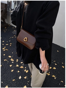 Detail of a dark brown leather crossbody bag with a gold horseshoe buckle in autumn street