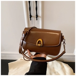Detail of dark brown leather handbag with elegant gold horseshoe buckle and chain strap
