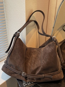 Vintage Faux Suede Tote Bag Women Large Capacity Shoulder Bag With Contrast Stitching Retro Urban Simple Hobo Commute Bag