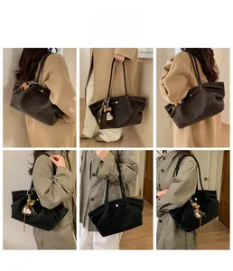 Multiple views of minimalist oversized suede tote bags in coffee and black with charm