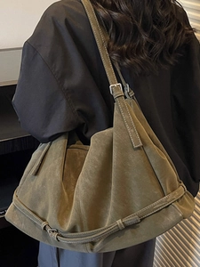 Large capacity moss green suede tote bag with adjustable strap and decorative buckle