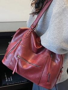 Retro burgundy large capacity tote bag with vintage texture and multiple zipper pockets