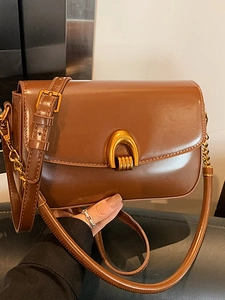 Elegant retro dark brown leather shoulder bag with gold horseshoe buckle and chain detail