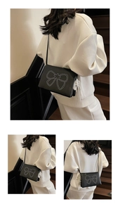 Three-way collage of a black leather crossbody bag featuring a silver studded bow detail