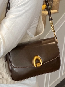 Elegant dark brown leather underarm bag with gold U-shaped buckle and chain strap