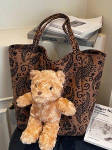 Borsa Tote Grande Capacità Stampa Leopardata Paisley Con Orsetto di Peluche per Donna Vintage Scamosciato Casual Borsa a Spalla
