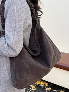 Vintage pleated hobo tote bag in dark coffee matte leather with drawstring strap