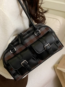 Retro plaid Boston bag with dual leather pockets and silver buckles for women