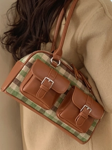 Vintage large capacity tote bag with plaid leather splicing and double front pockets