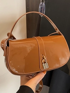 Women Fashion Shiny PU Leather Small Square Bag Simple Solid Color Shoulder Crossbody Bag Gold Metal Lock Decor Daily Commute Handbag