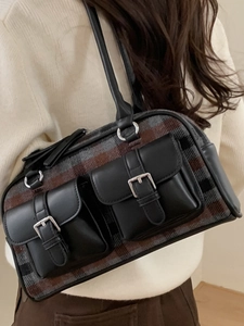 Vintage checkered boston shoulder bag with dual leather front pockets and buckle details