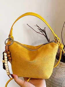 Bolso de Cubo Retro de Gamuza para Mujer Estilo Urbano Simple Bolso Bandolera con Borla de Cuentas de Madera Bolso de Mano